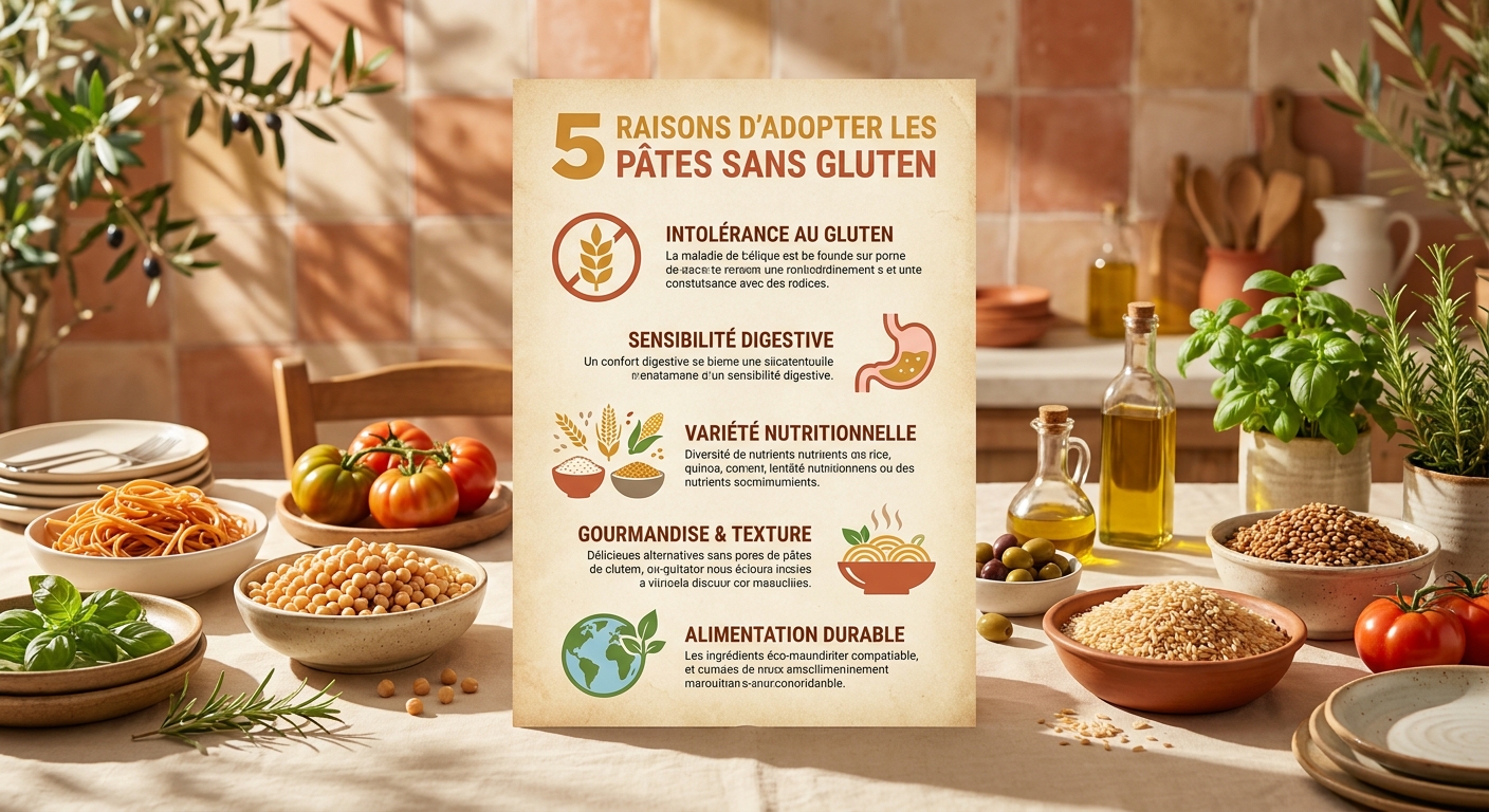 Infographie expliquant les raisons d'adopter les pâtes sans gluten