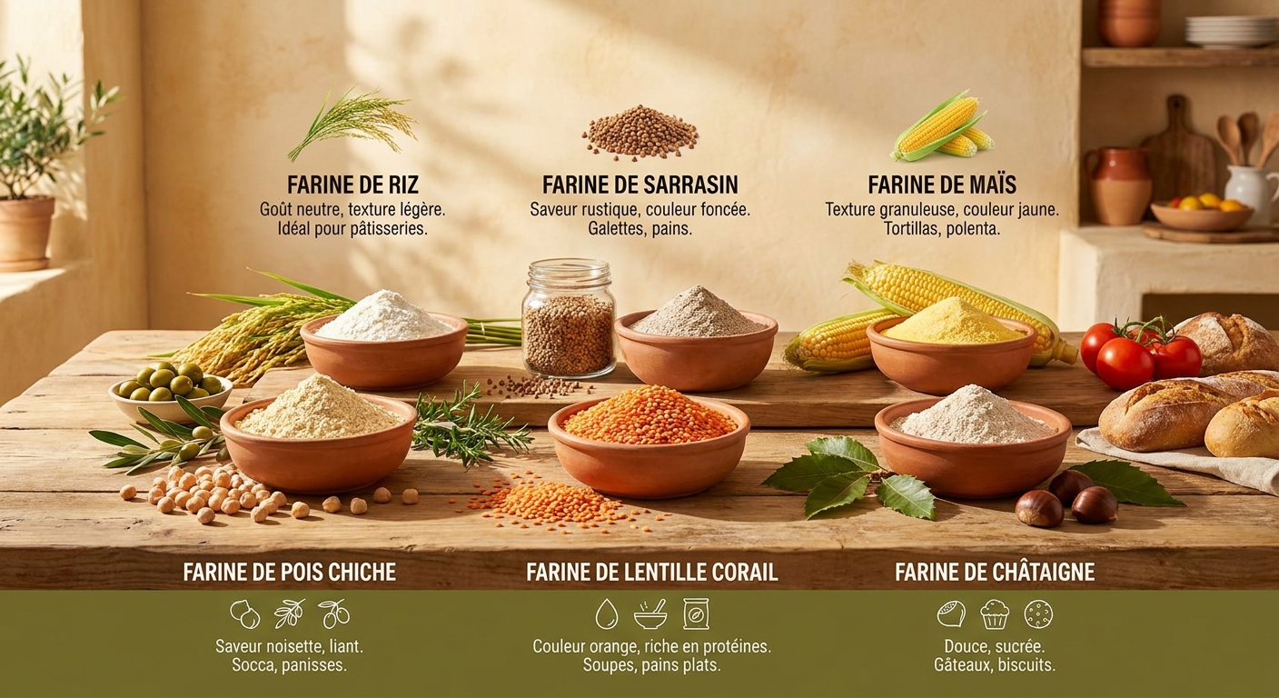 Infographie comparant les farines sans gluten pour réussir vos pâtes