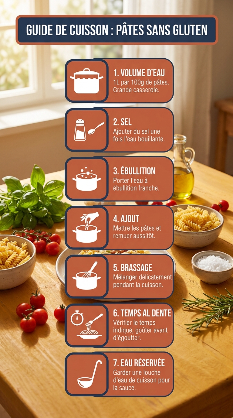 Infographie présentant les 7 règles pour cuire des pâtes sans gluten