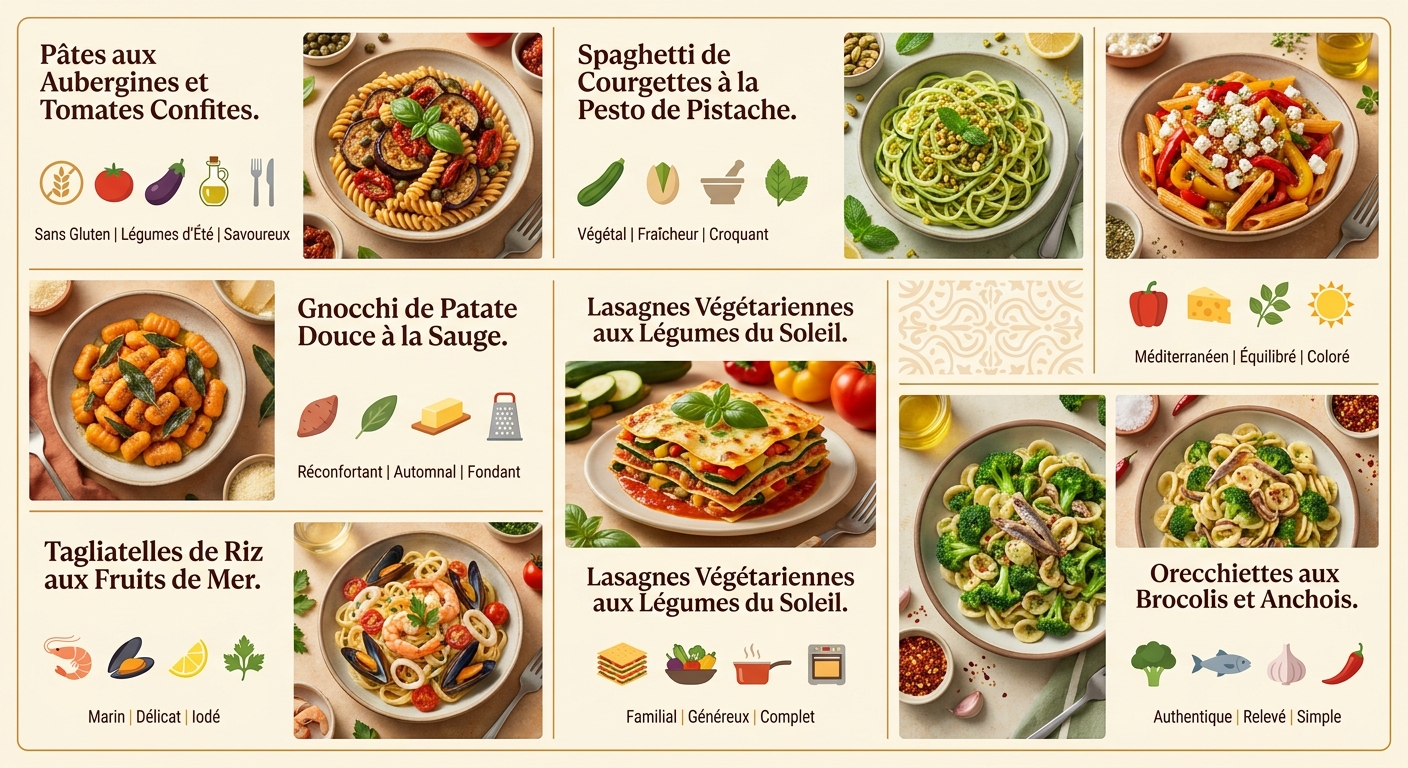 Infographie illustrant les 7 recettes signature de pâtes sans gluten