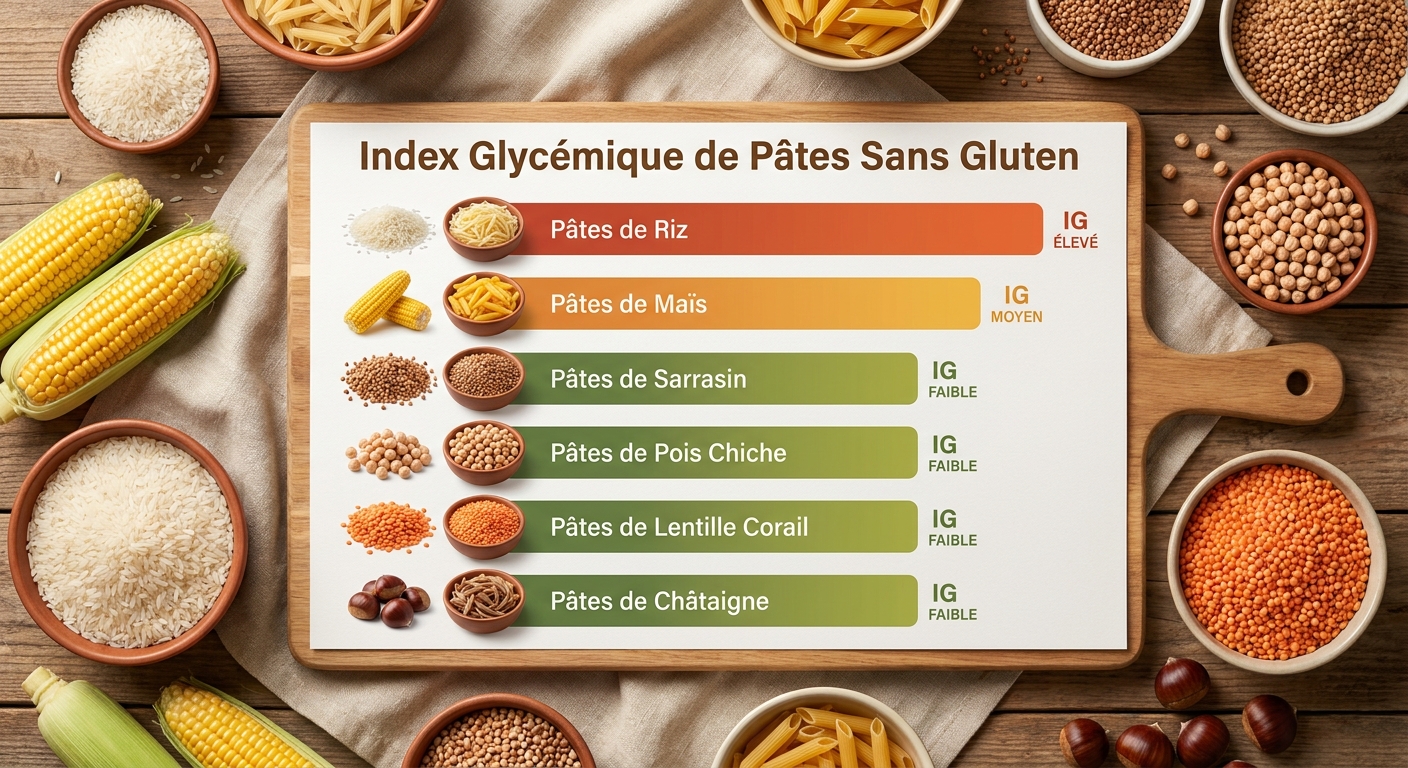 Infographie comparant l'index glycémique des pâtes sans gluten