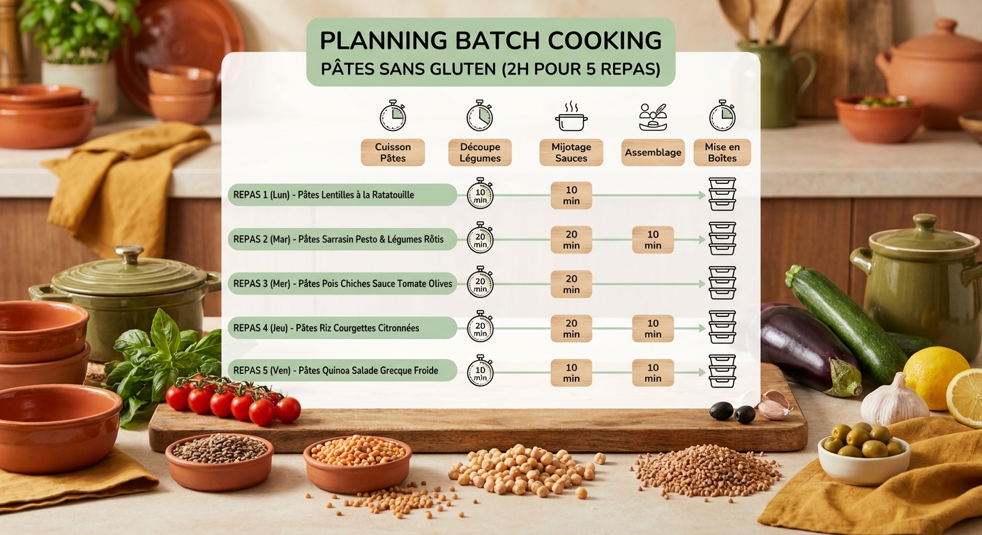 Infographie chronologique d'un batch cooking de pâtes sans gluten