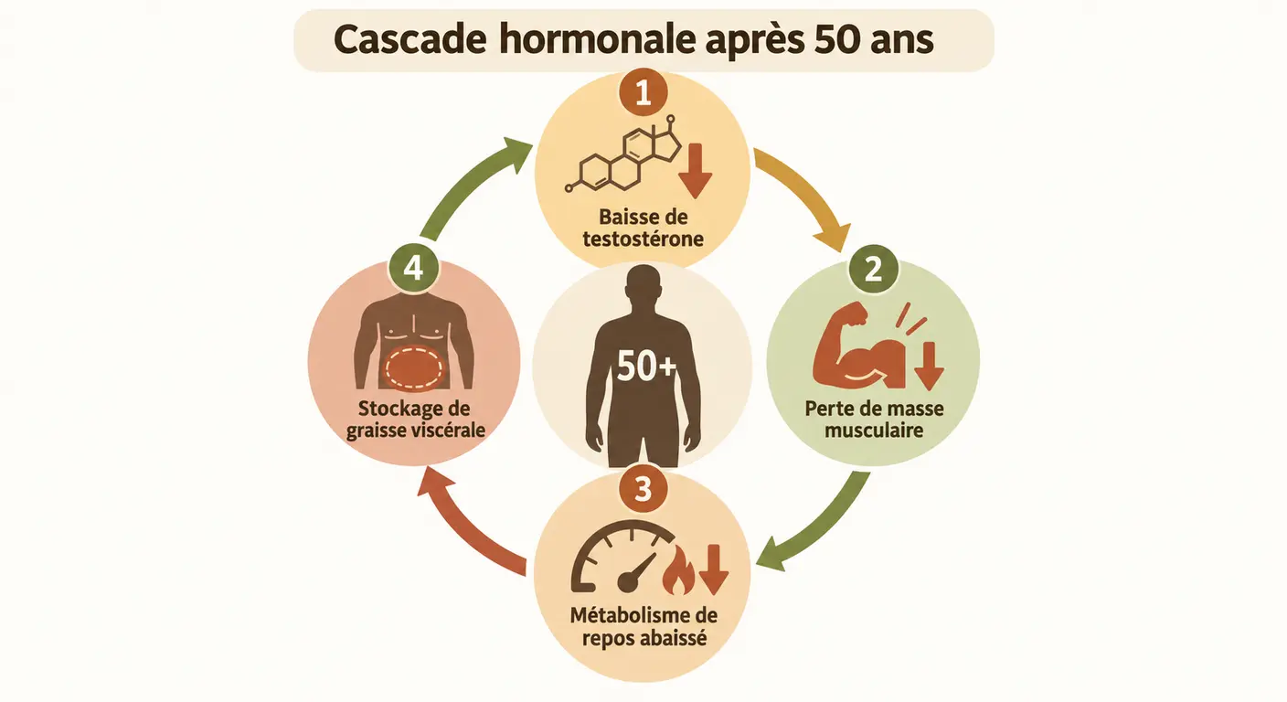 Schéma du cercle hormonal reliant baisse de testostérone, perte musculaire et stockage de graisse abdominale après 50 ans