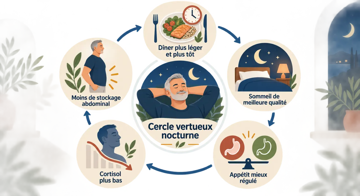 Cercle vertueux reliant dîner allégé, qualité du sommeil et réduction du stockage abdominal