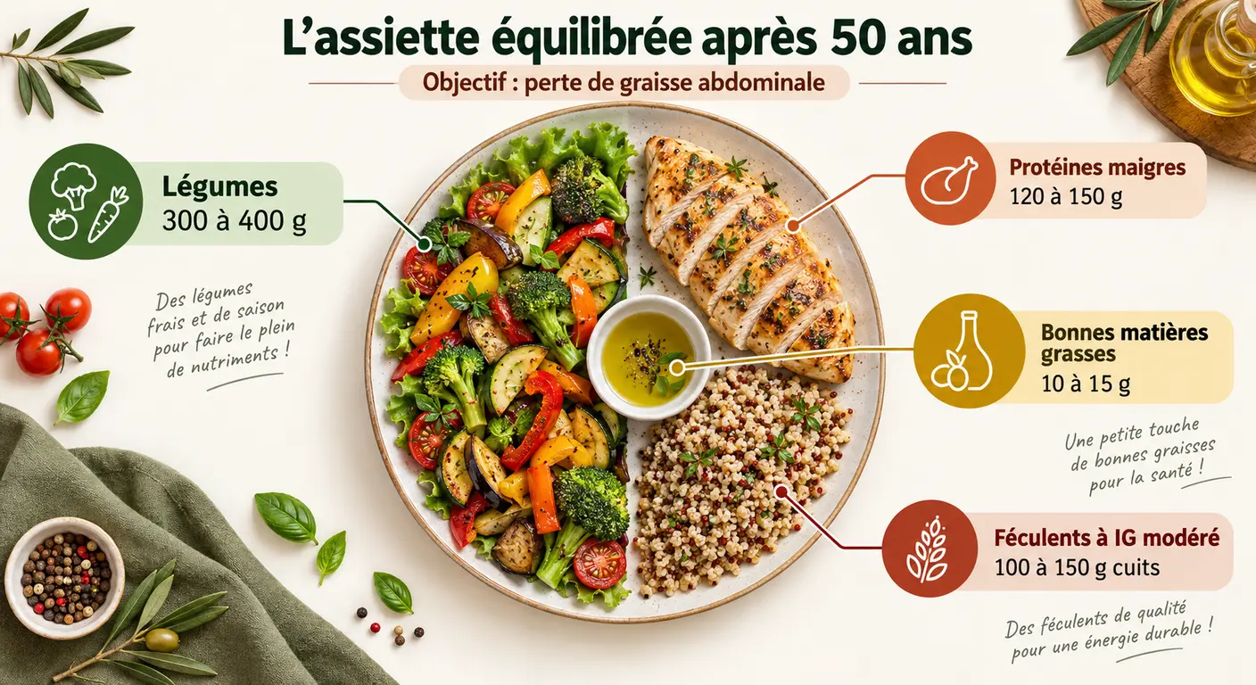 Assiette équilibrée avec portions indicatives pour réduire la graisse abdominale après 50 ans