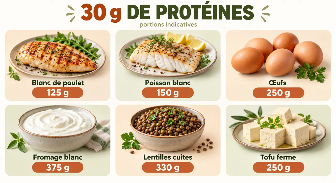Équivalences alimentaires apportant 30 grammes de protéines