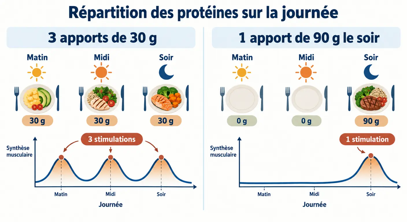 Comparaison entre protéines réparties sur trois repas et protéines concentrées le soir