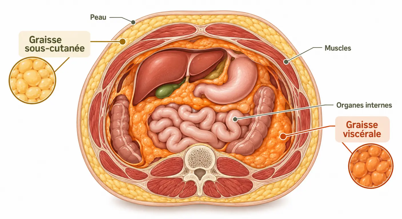 Coupe de l'abdomen montrant la graisse sous-cutanée sous la peau et la graisse viscérale autour des organes