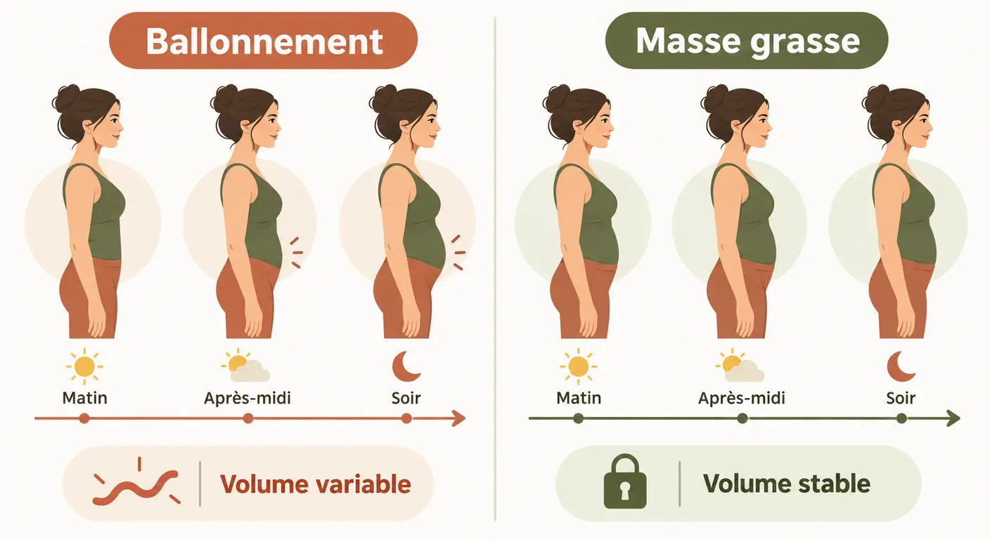 Comparaison entre un ventre ballonné qui varie dans la journée et un ventre stable lié à la masse grasse
