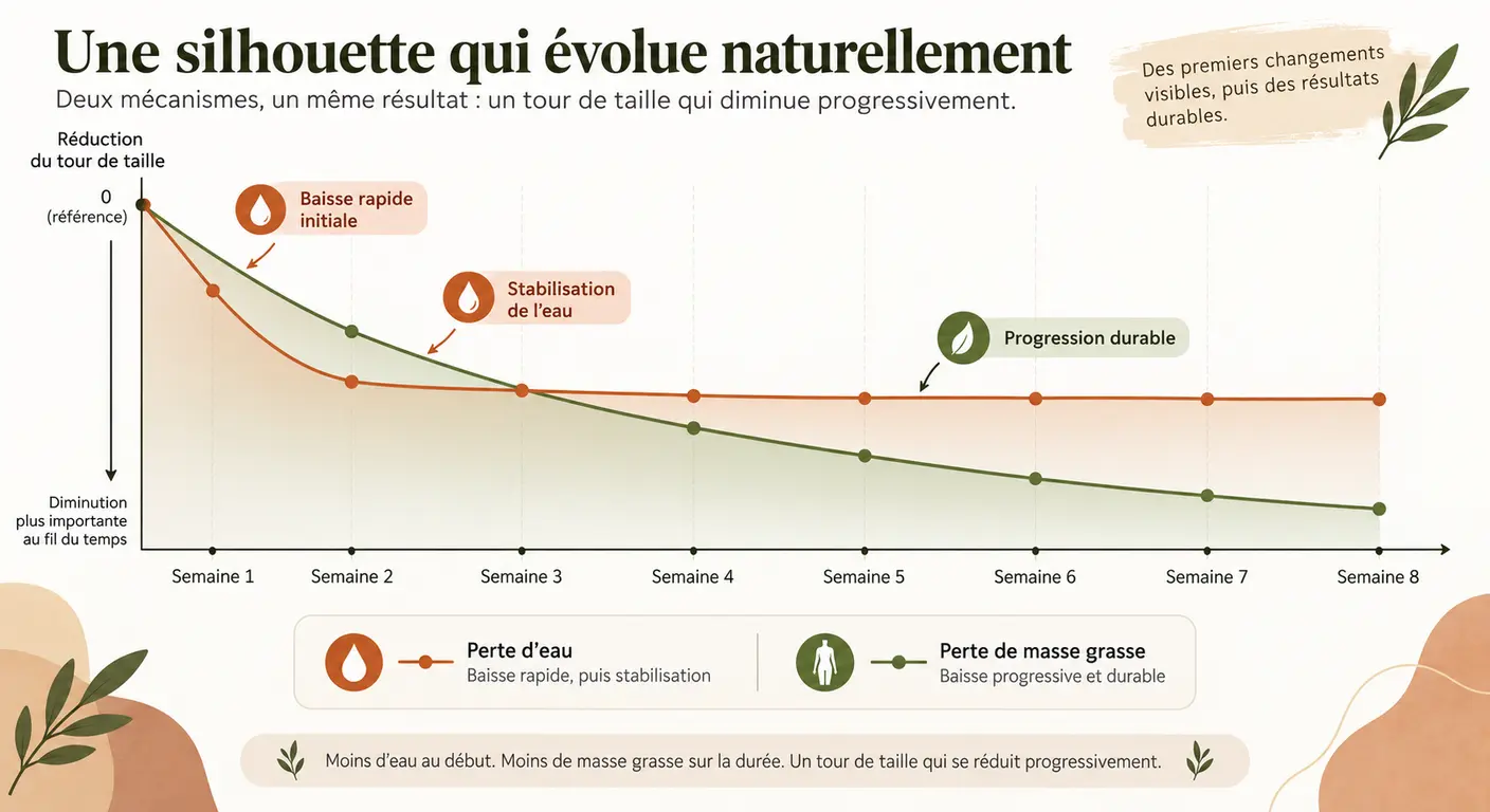 Chronologie sur huit semaines distinguant la perte d'eau initiale de la perte de masse grasse réelle