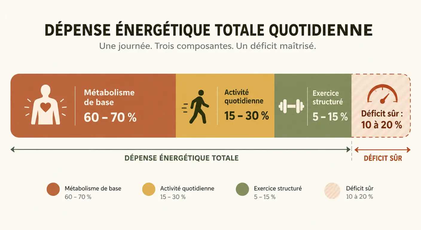 Schéma décomposant la dépense énergétique totale et situant la zone de déficit sûre de 10 à 20 %