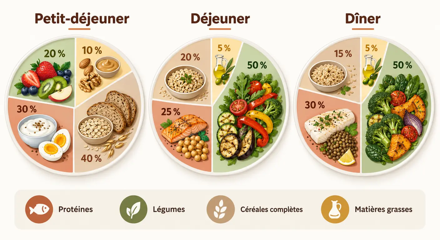 Trois assiettes types pour le petit-déjeuner, le déjeuner et le dîner avec leurs proportions