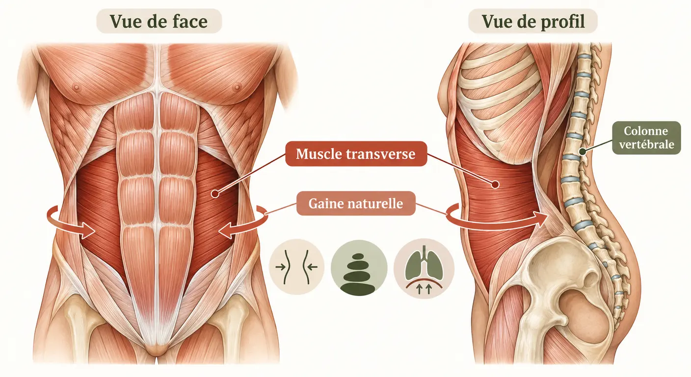 Illustration des couches musculaires abdominales mettant en évidence le transverse