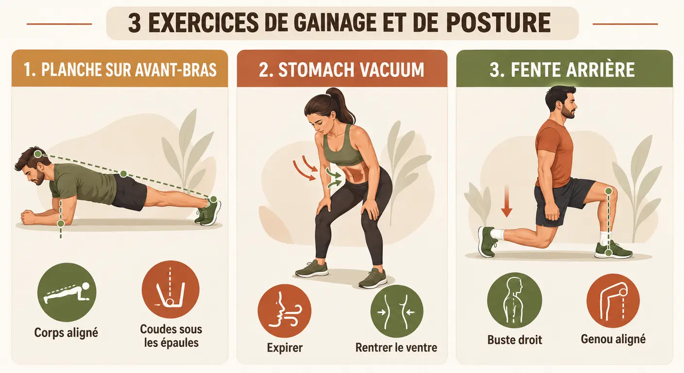 Illustration de la planche, du stomach vacuum et de la fente arrière avec repères de posture