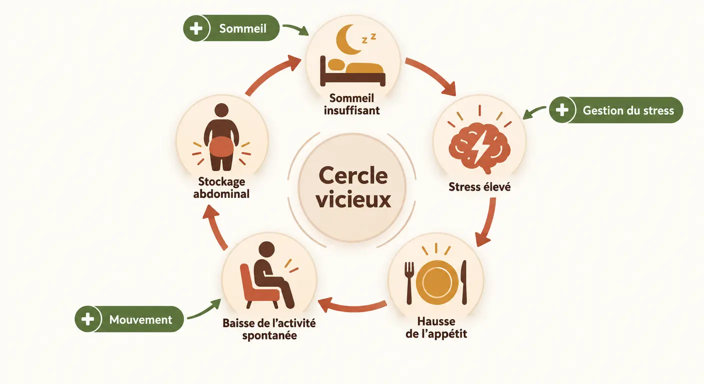 Schéma en boucle reliant manque de sommeil, stress, appétit accru et stockage abdominal
