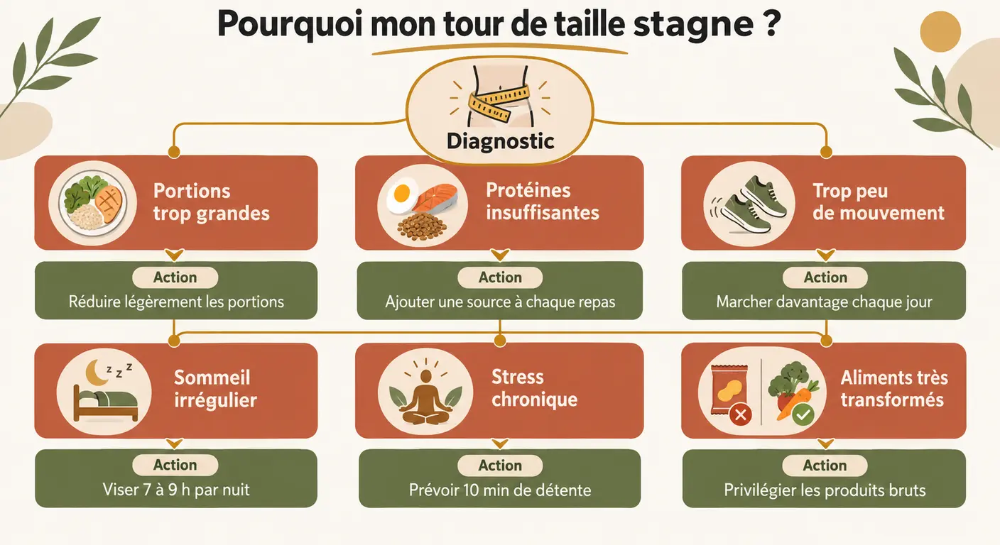 Arbre de diagnostic présentant six causes de stagnation du tour de taille et leurs correctifs