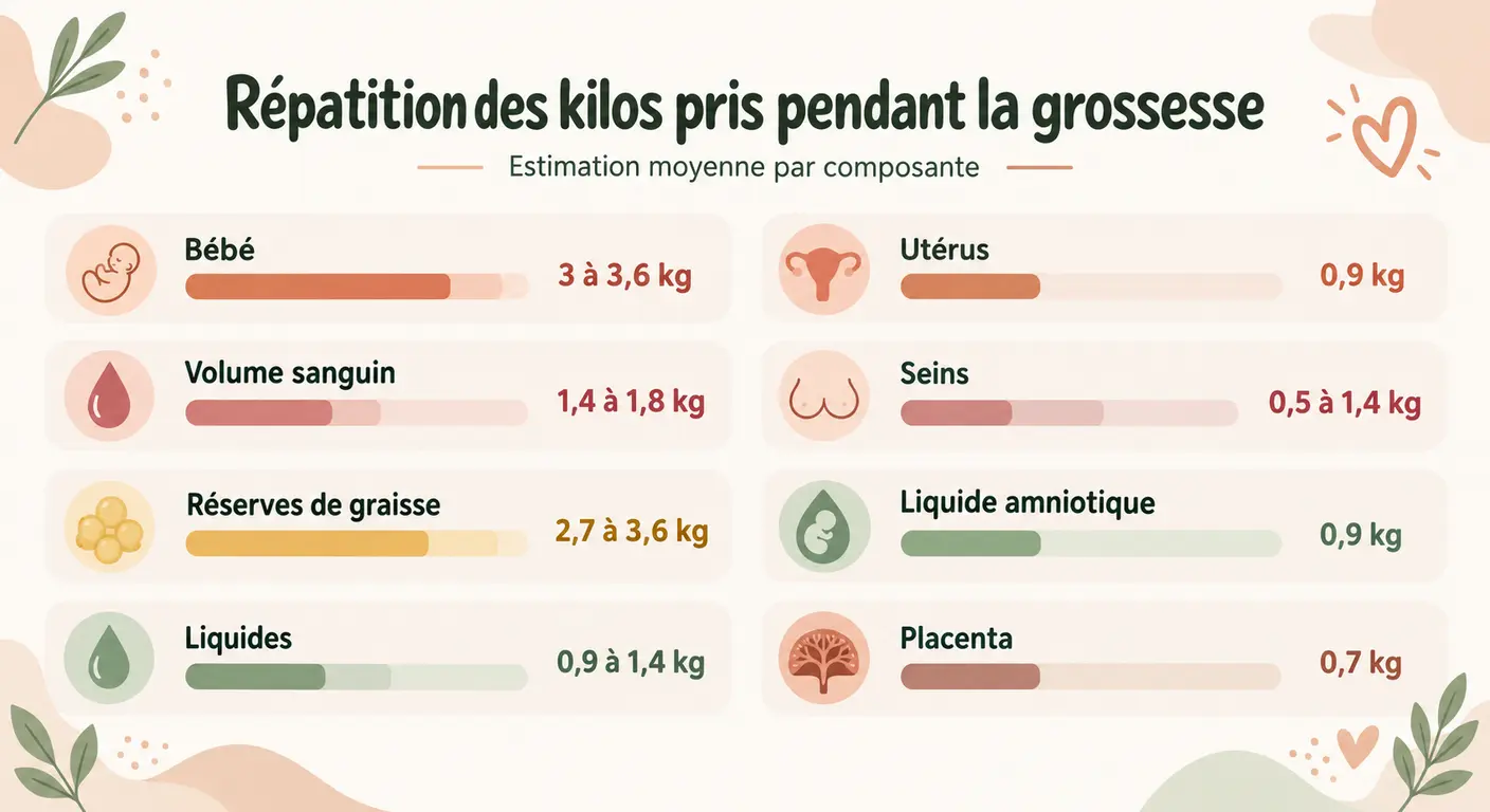 Infographie de la décomposition des kilos pris pendant la grossesse par poste