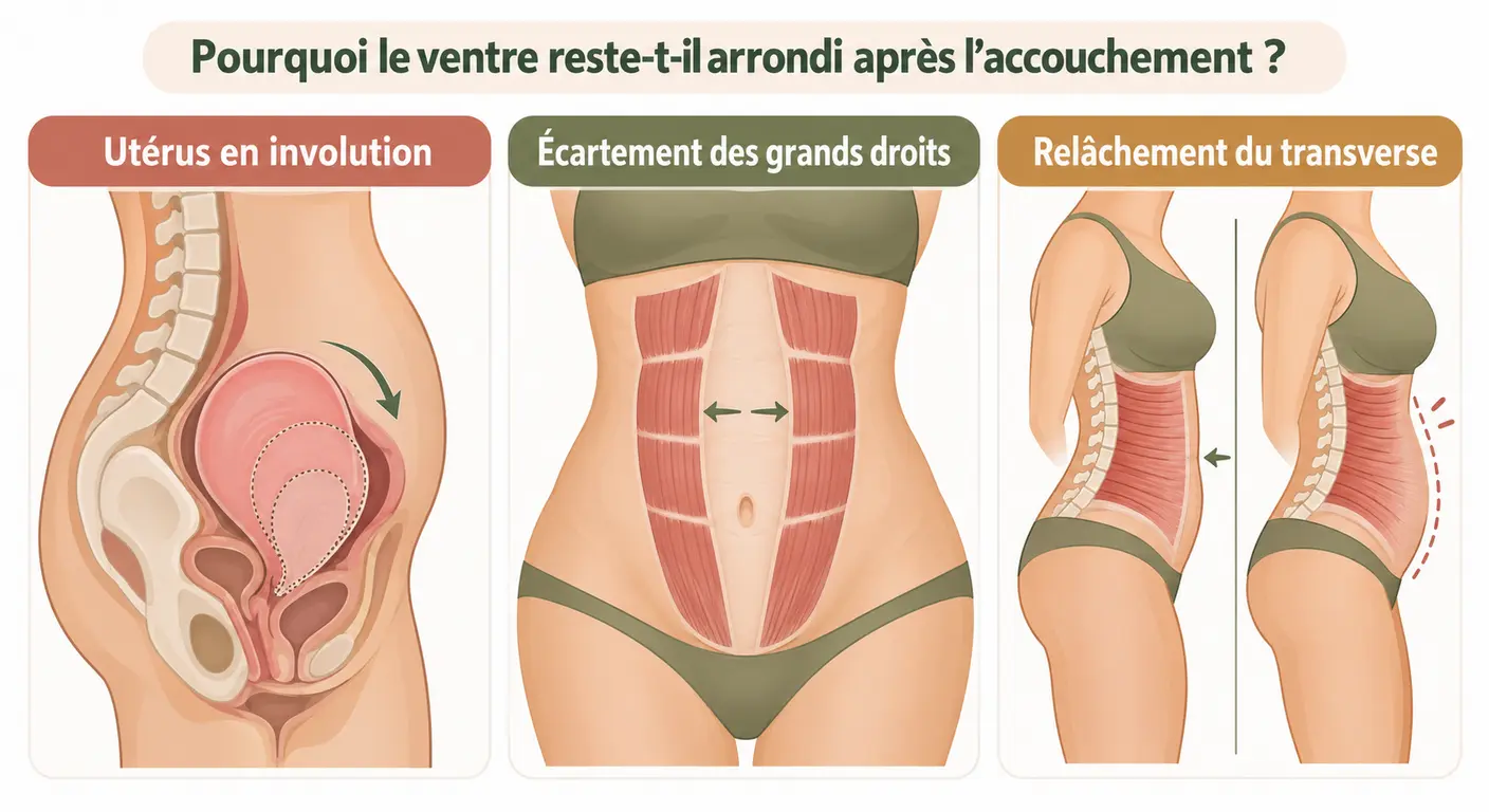 Infographie des trois causes d'un ventre arrondi après l'accouchement