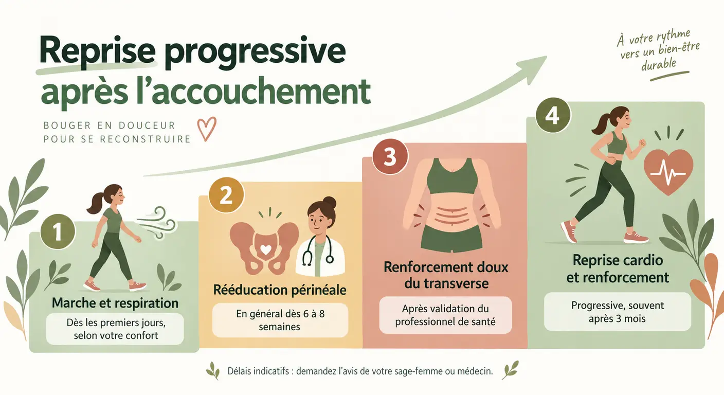 Infographie de la progression de reprise d'activité physique après un accouchement