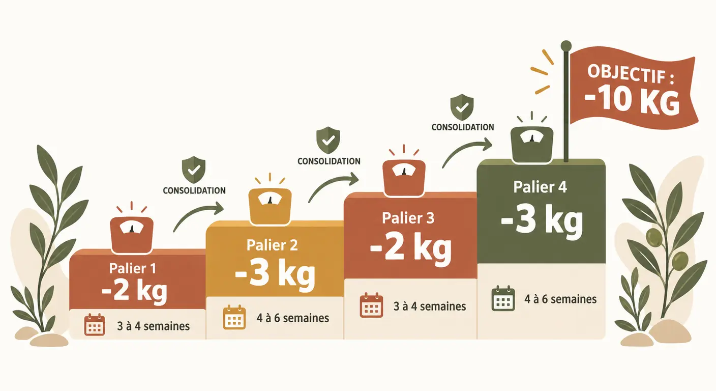 Infographie du découpage d'un objectif de 10 kilos en paliers successifs