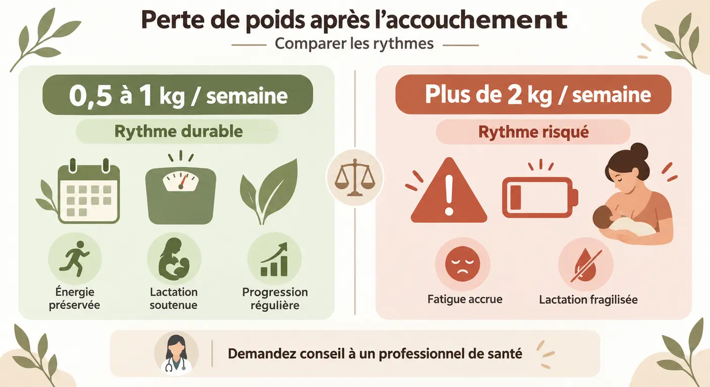 Infographie comparant un rythme de perte de poids durable et un rythme trop rapide