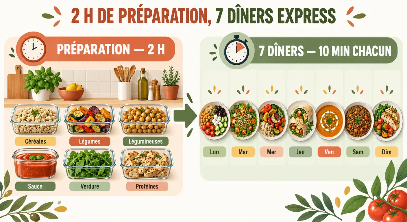 Infographie d'une session de préparation des repas de deux heures pour une semaine de dîners