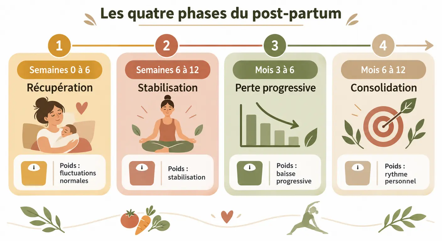Frise des quatre phases du post-partum et de la perte de poids associée