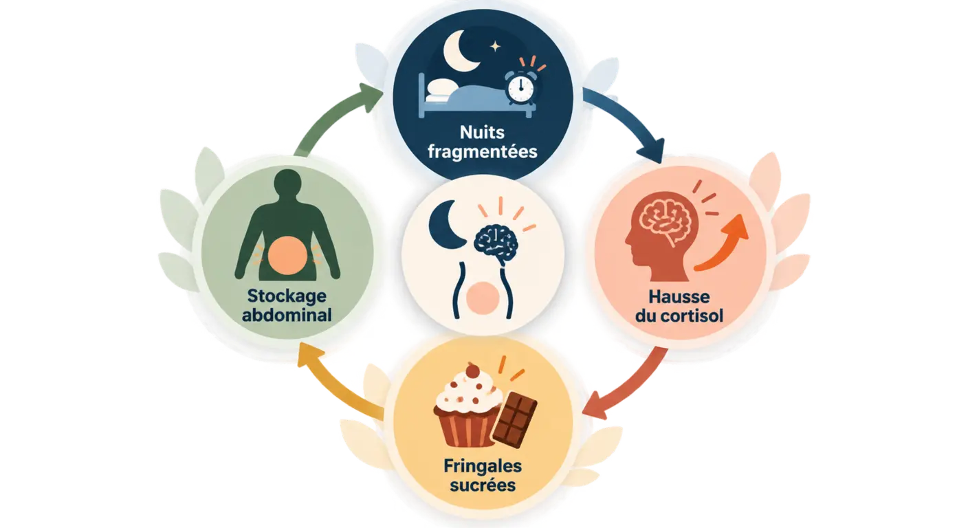 Infographie du cercle vicieux entre sommeil fragmenté, cortisol et prise de poids