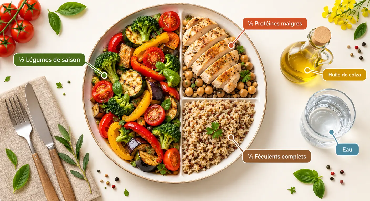 Infographie de l'assiette équilibrée recommandée en post-partum