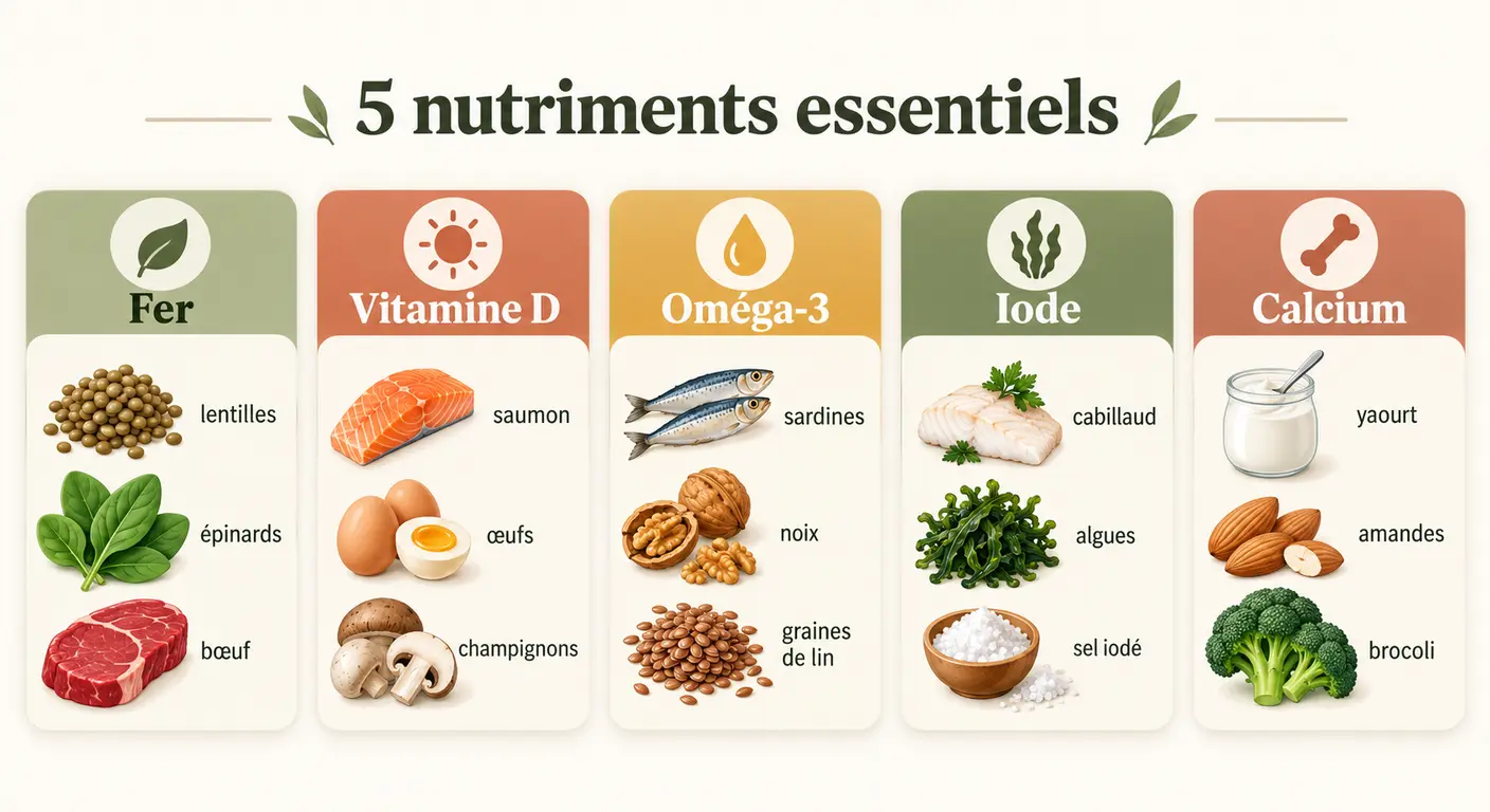 Infographie des cinq nutriments à surveiller en post-partum et de leurs sources alimentaires