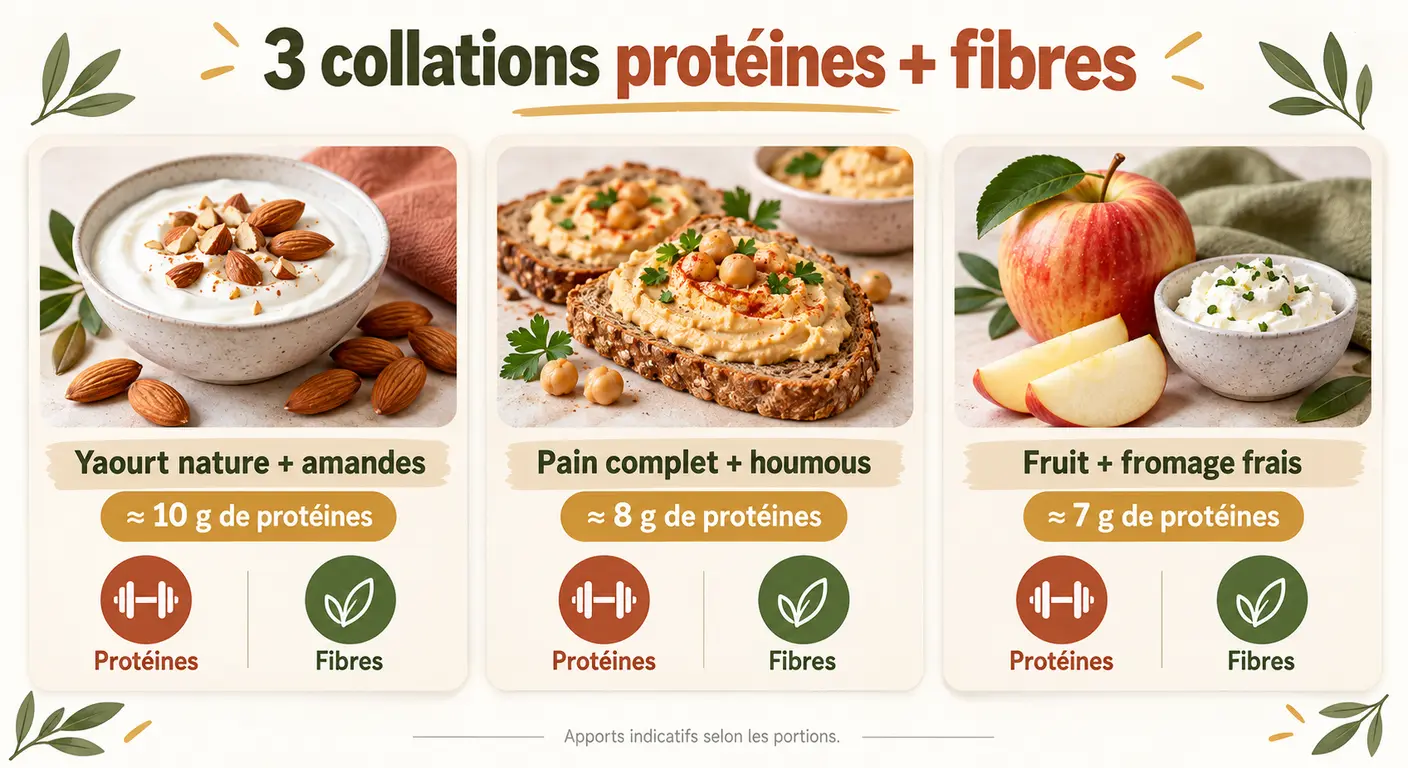 Infographie de trois collations rassasiantes pour jeune maman