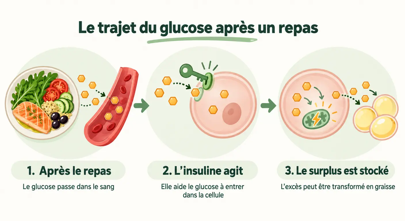 Schéma du trajet du glucose après un repas sous l'effet de l'insuline, de l'entrée dans la cellule au stockage du surplus
