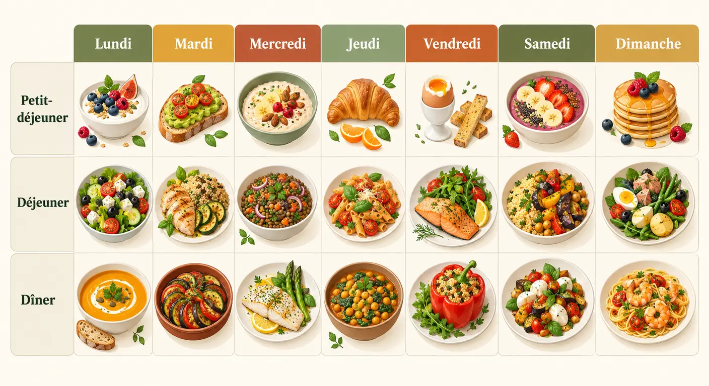 Infographie calendrier d'une semaine de repas à charge glycémique maîtrisée