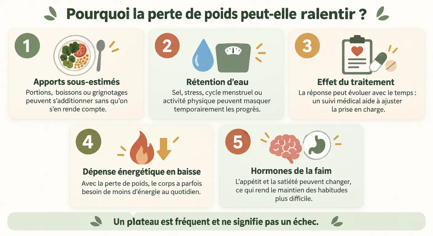 Infographie des cinq causes d'un plateau de perte de poids chez une personne diabétique