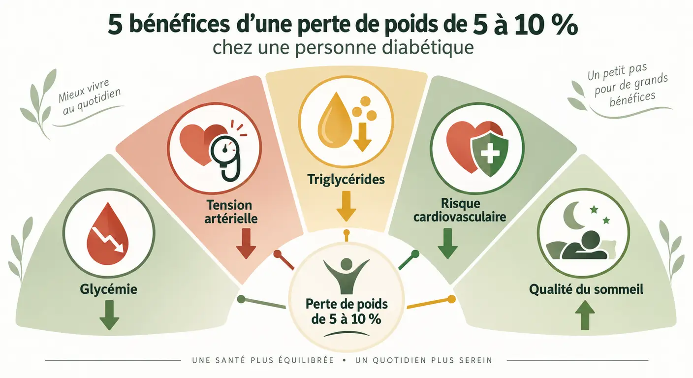 Infographie des cinq bénéfices d'une perte de poids de 5 à 10 pour cent chez une personne diabétique