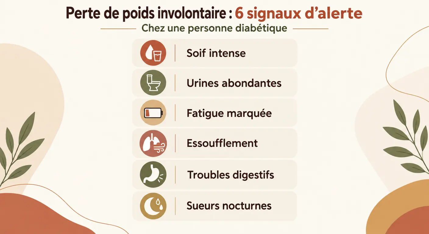 Infographie des six signaux d'alerte accompagnant une perte de poids involontaire chez une personne diabétique