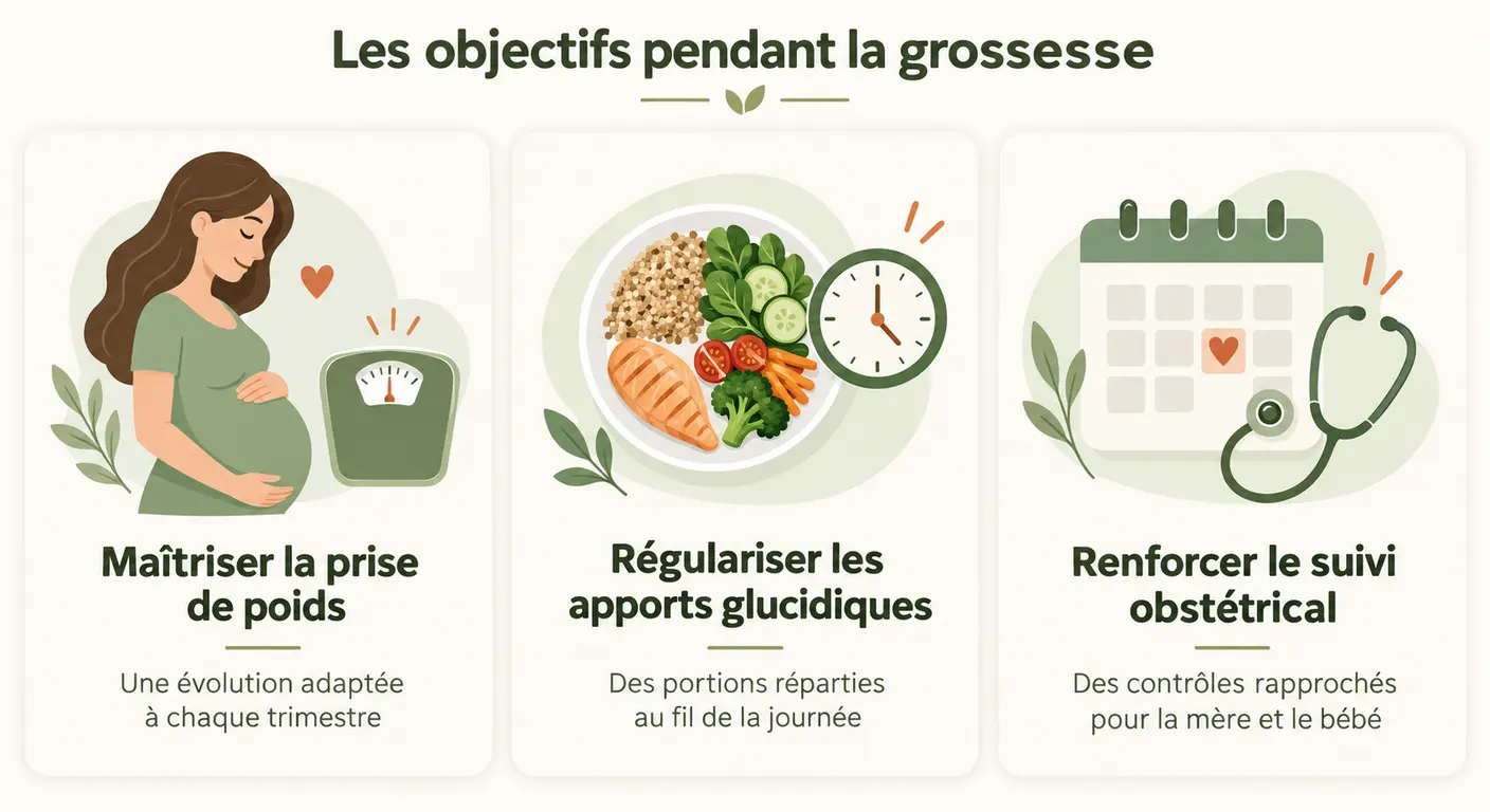 Infographie des trois objectifs à suivre en cas de diabète gestationnel, maîtrise de la prise de poids, régularité des apports et suivi obstétrical