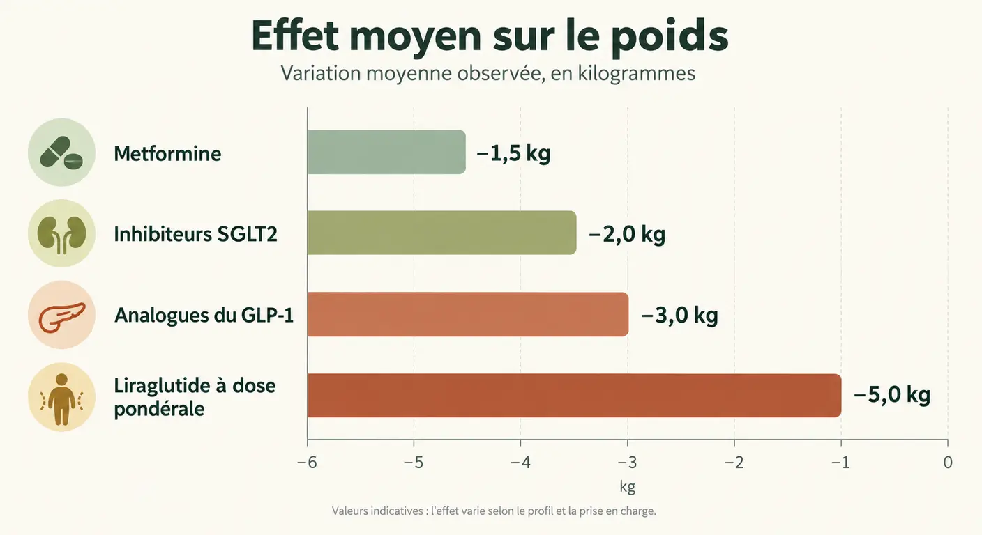 Infographie comparant l'effet moyen sur le poids de quatre familles de traitements du diabète