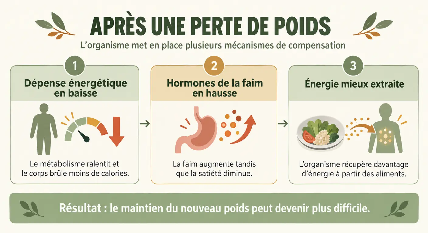 Infographie des trois mécanismes de compensation de l'organisme après une perte de poids