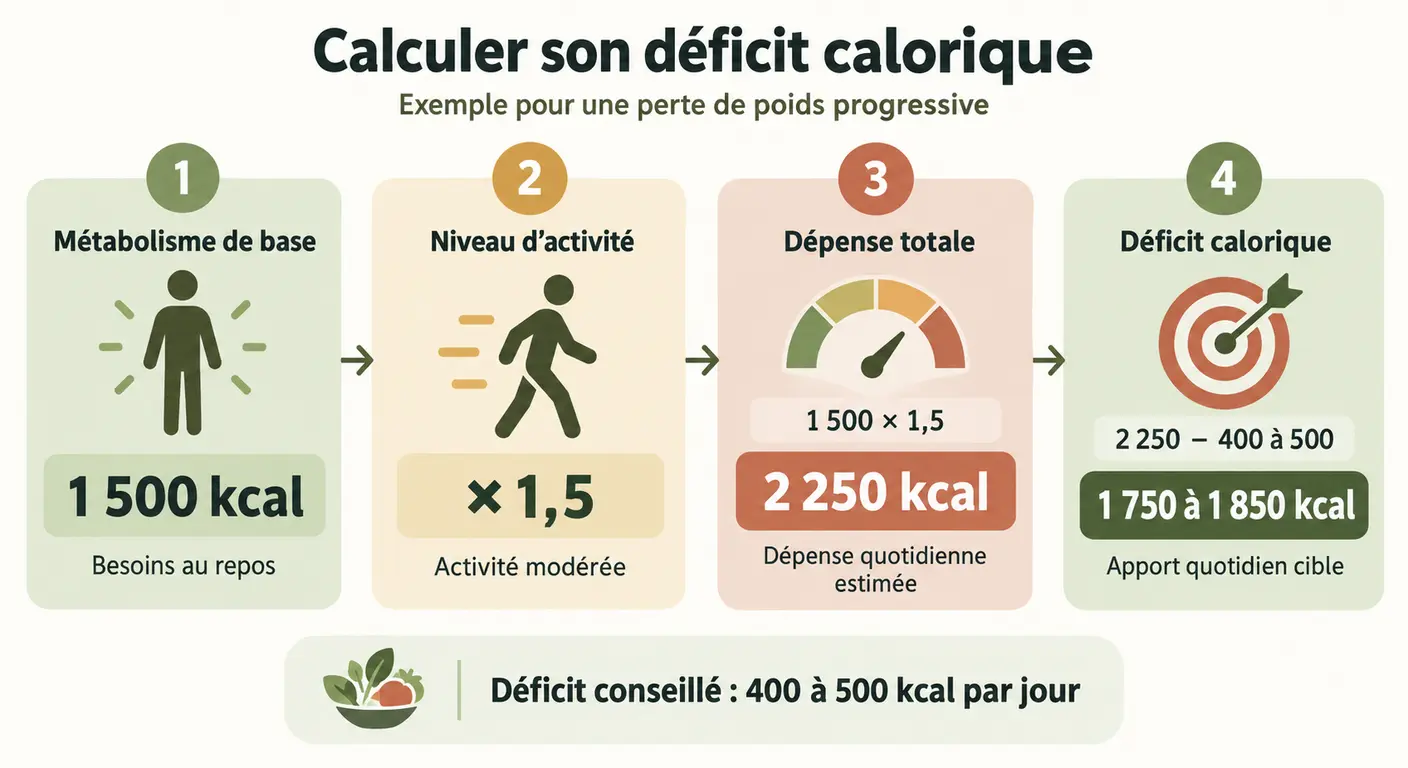 Infographie du calcul d'un déficit calorique en quatre étapes avec exemple chiffré