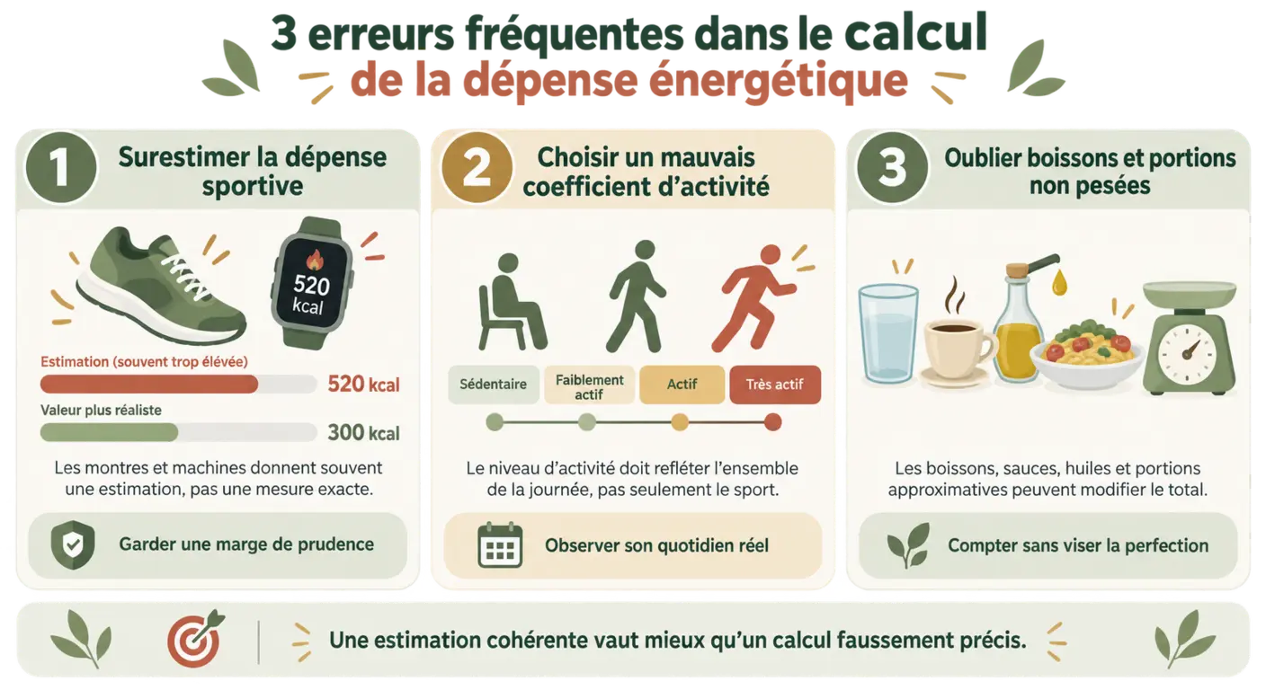 Infographie des trois erreurs les plus fréquentes dans le calcul de la dépense énergétique quotidienne
