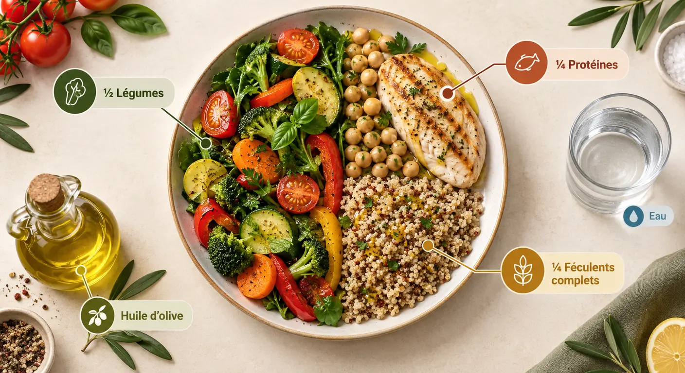 Infographie de l'assiette équilibrée stabilisant la glycémie, moitié légumes, quart protéines, quart féculents complets
