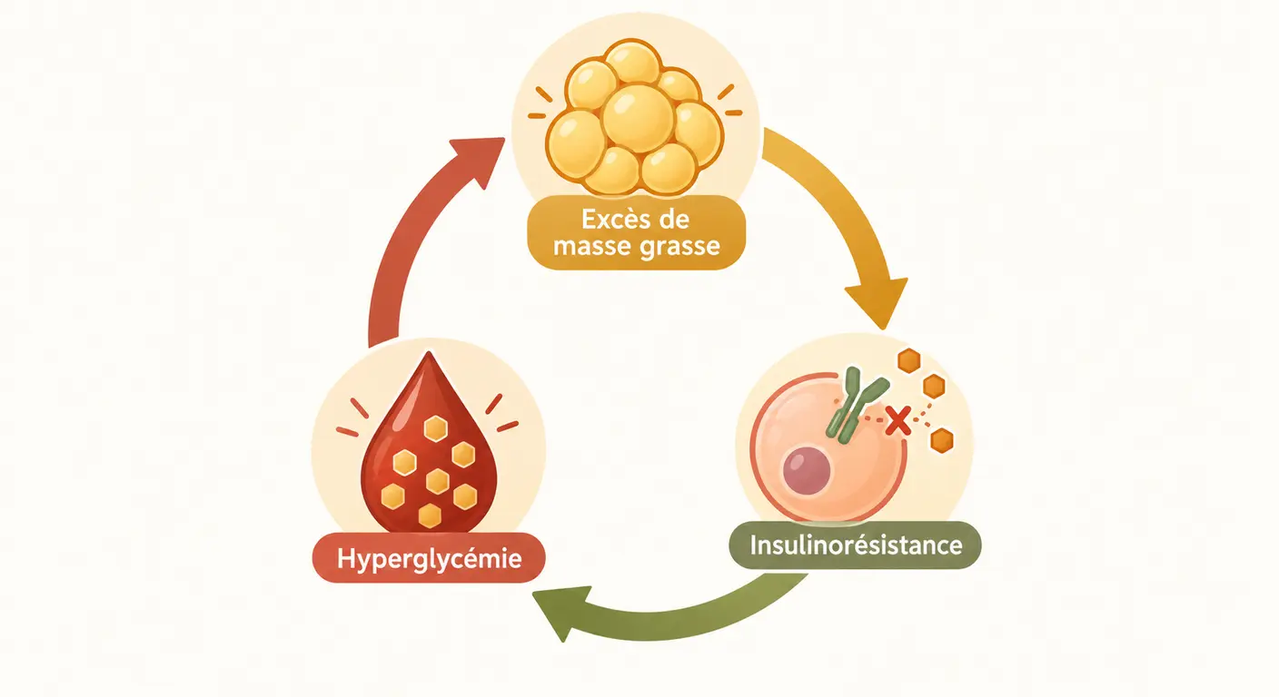 Schéma du cercle entre masse grasse, insulinorésistance et hyperglycémie