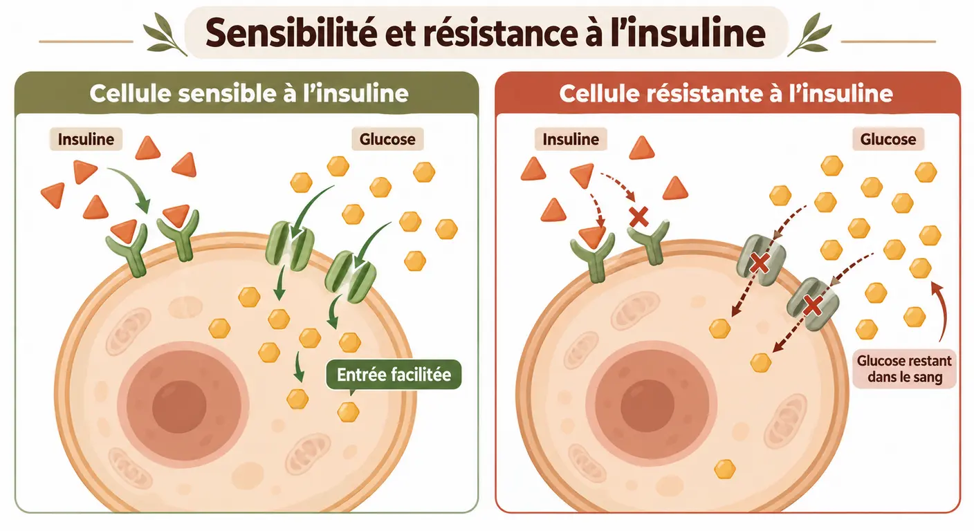 Comparaison d'une cellule sensible à l'insuline et d'une cellule insulinorésistante avec le glucose restant dans le sang