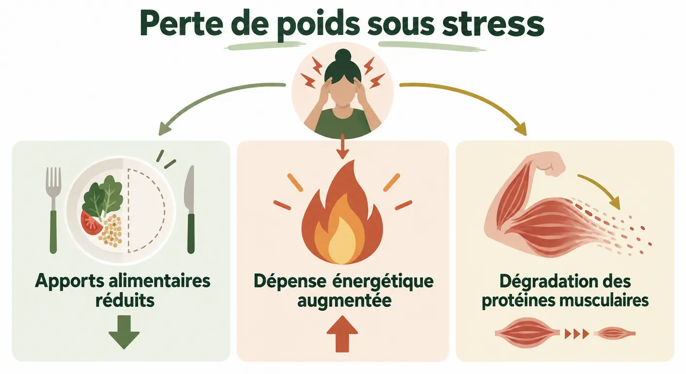 Infographie présentant les trois mécanismes par lesquels le stress fait maigrir