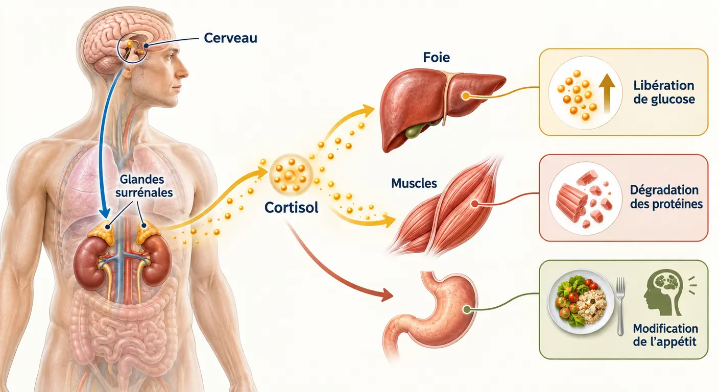 Schéma du parcours du cortisol et de ses effets sur le métabolisme