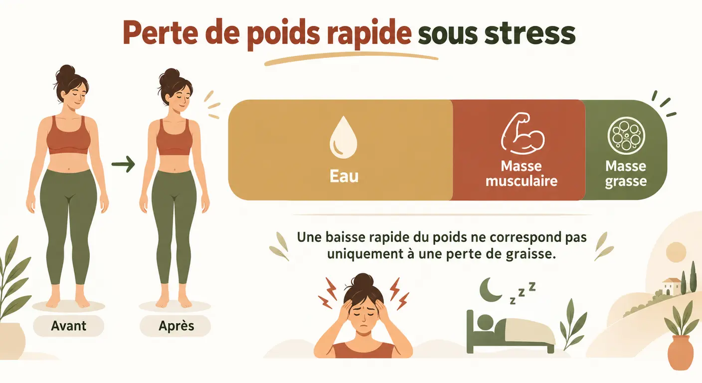 Infographie montrant la répartition entre masse grasse et masse musculaire dans une perte de poids liée au stress