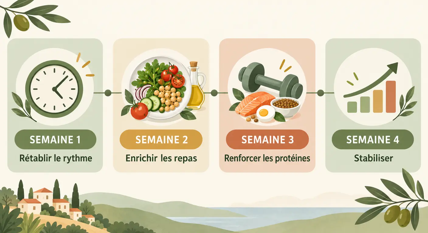 Frise des quatre semaines du protocole de reprise de poids après une période de stress