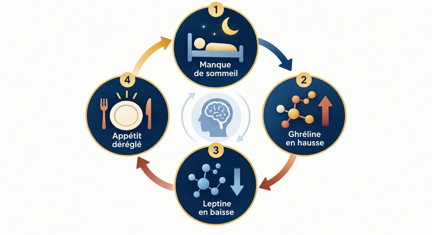Infographie de la boucle entre sommeil, hormones de la faim et régulation du poids