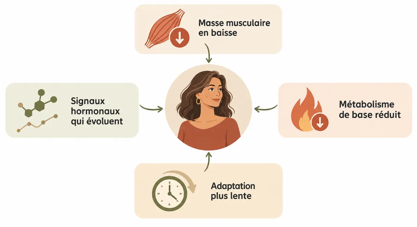 Infographie présentant les quatre mécanismes qui ralentissent la perte de poids après 40 ans chez la femme